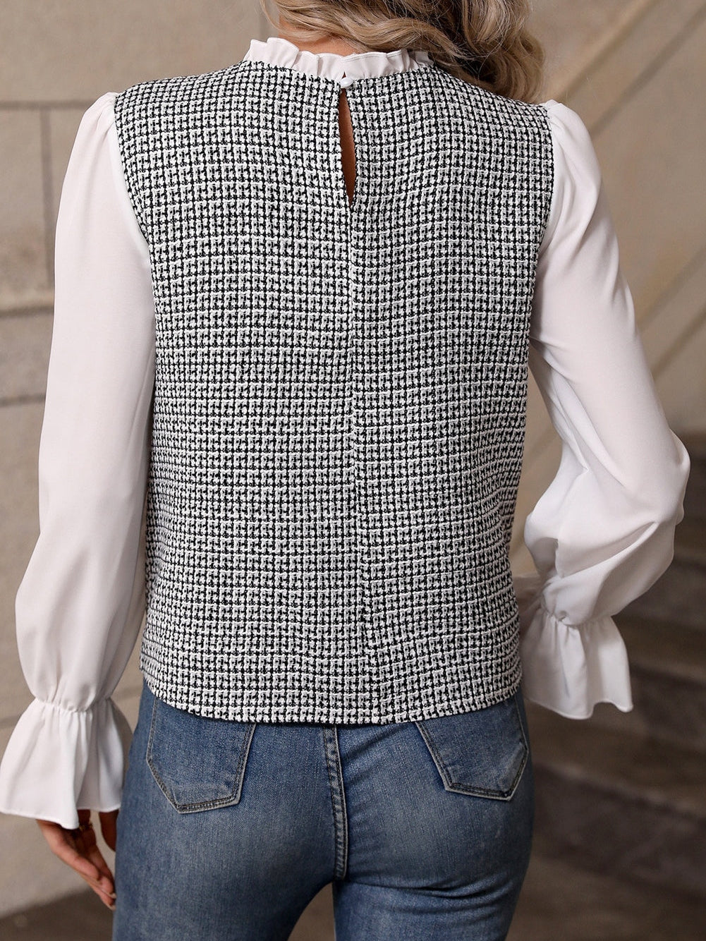 Elegant Black Tweed Top with Frill Neck and Flounce Sleeves