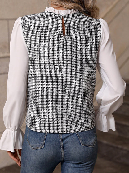 Elegant Black Tweed Top with Frill Neck and Flounce Sleeves