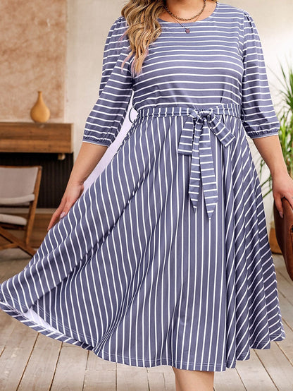 Elegant Gray Striped Tie Waist Midi Dress for Plus Size Women