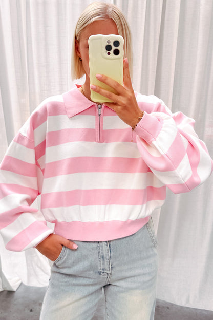 Pink Stripe Collar Zipped Drop Shoulder Casual Sweater