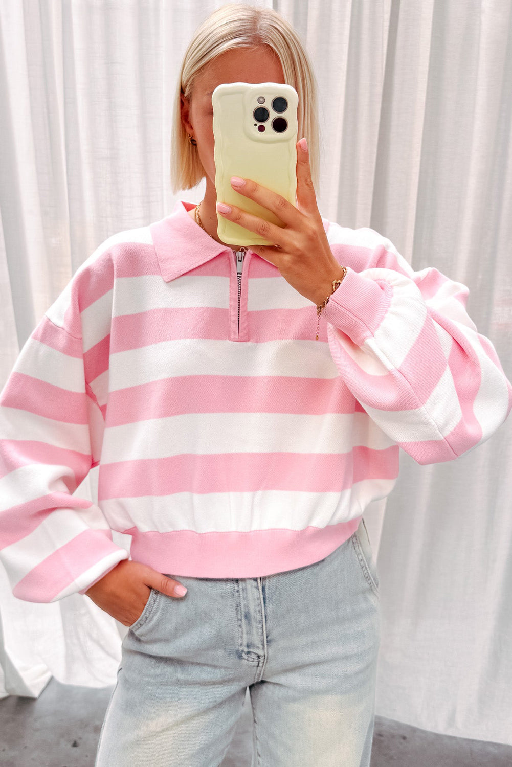 Pink Stripe Collar Zipped Drop Shoulder Casual Sweater