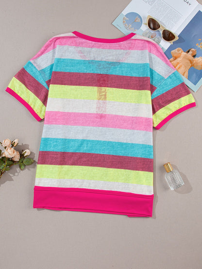 Rose Stripe Plus Size Textured Knit Short Sleeve Henley Top