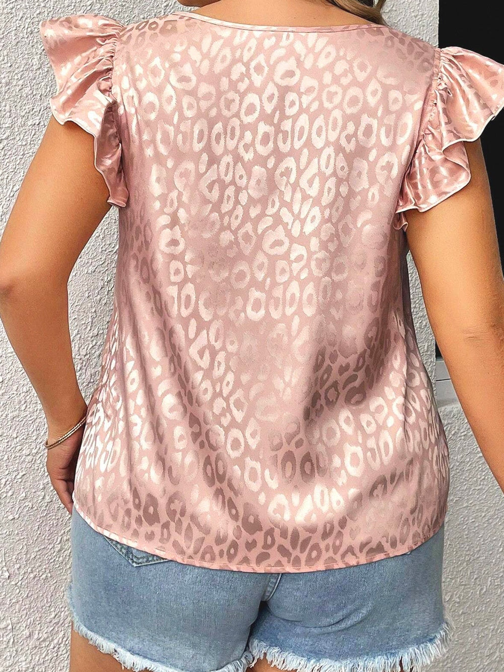 Pink Plus Size Leopard Print Ruffled Flutter Sleeve Satin Blouse