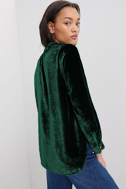 Elegant Forest Green Velvet Frilled Stand Collar Top