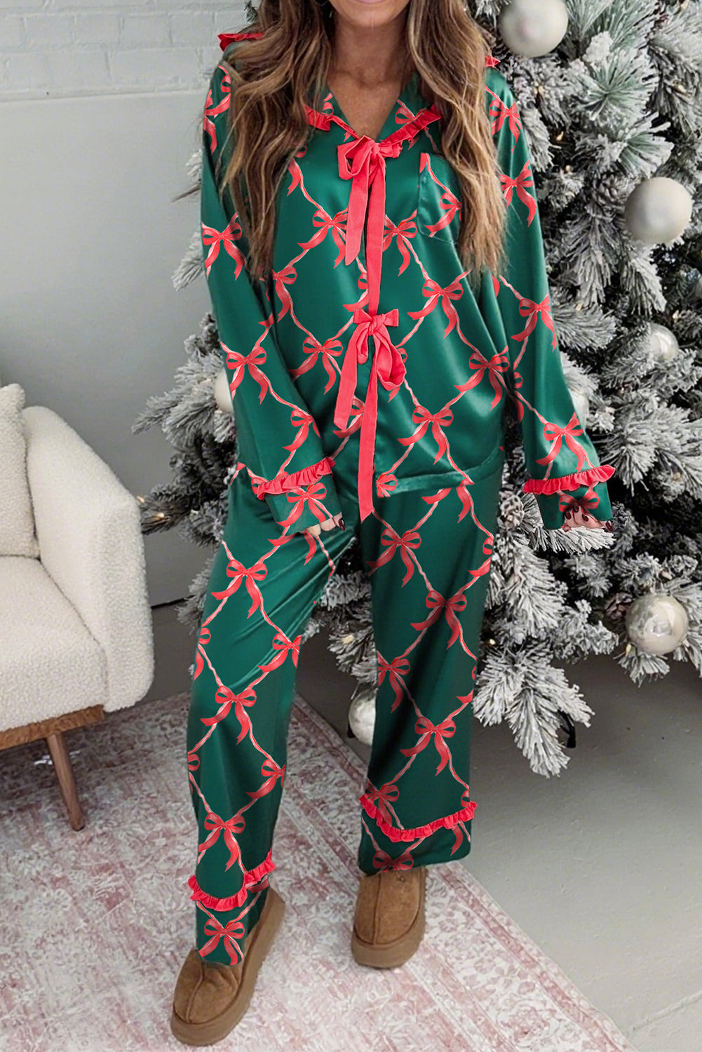 Green Coquette Bow Print Ribbon Knot Front 2pcs Long Pajama Set