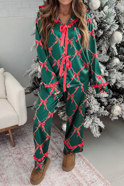 Green Coquette Bow Print Ribbon Knot Front 2pcs Long Pajama Set