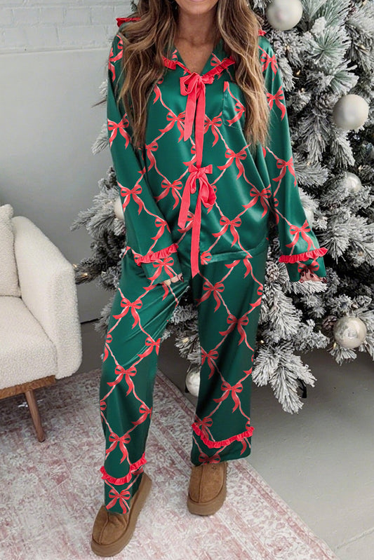 Green Coquette Bow Print Ribbon Knot Front 2pcs Long Pajama Set