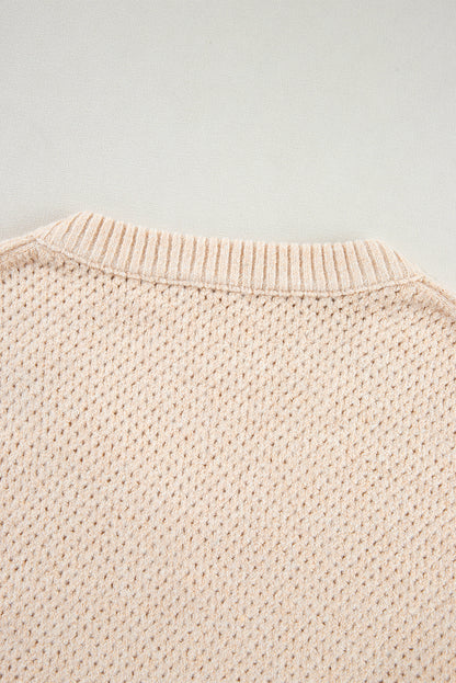 Parchment Loose Eyelet V Neck Drop Shoulder Sweater