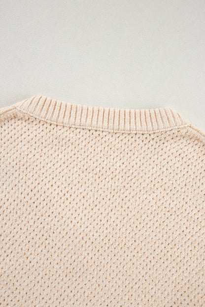 Parchment Loose Eyelet V Neck Drop Shoulder Sweater
