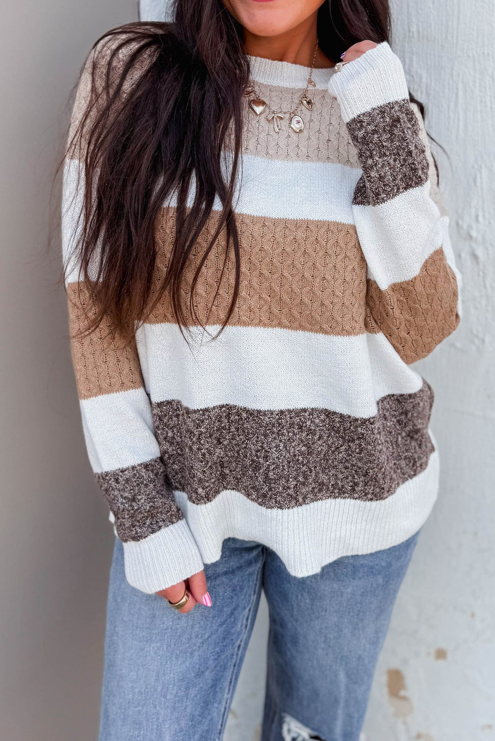 Brown Mixed Texture Knit Striped Color Block Loose Sweater
