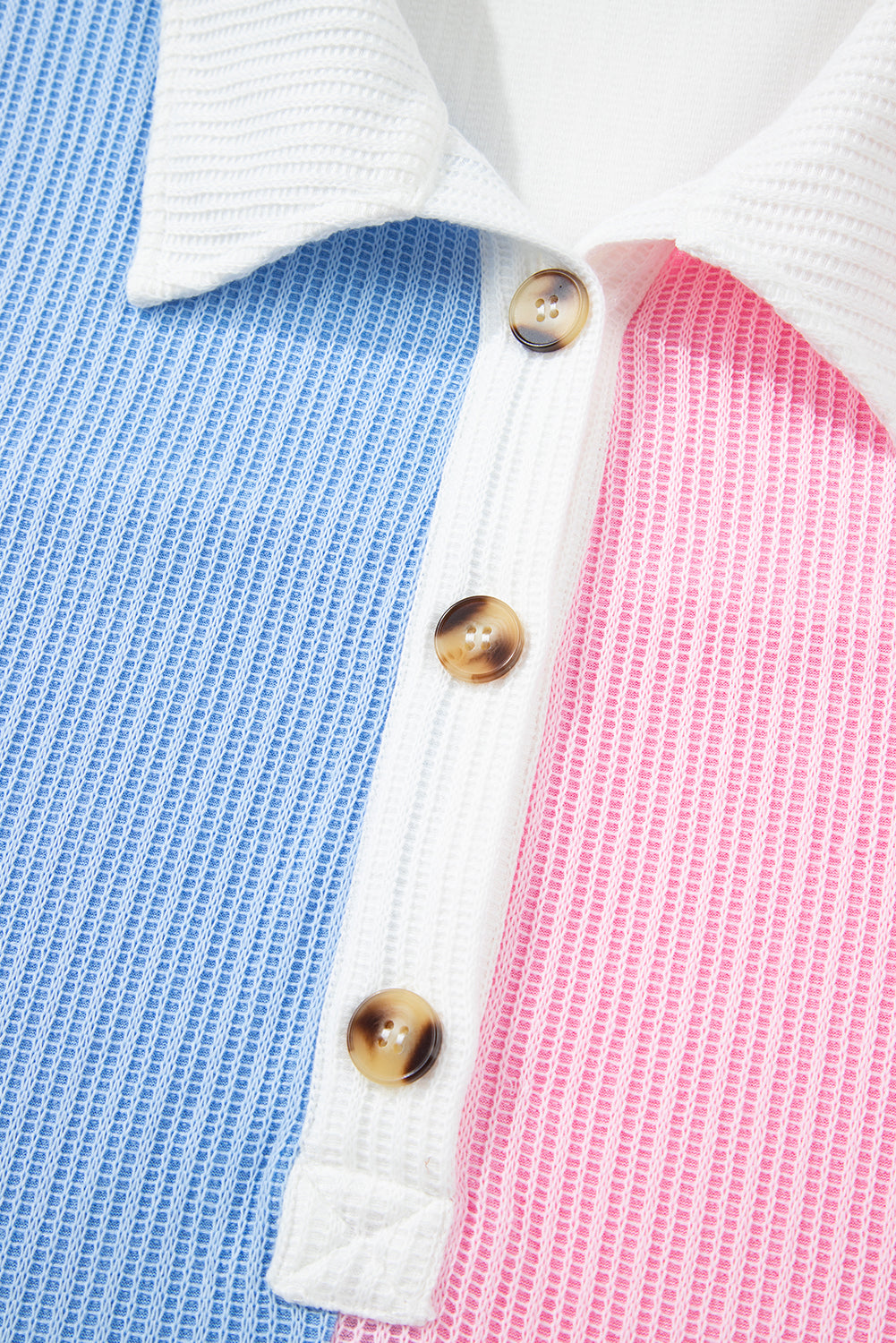 Multicolour Color Block Patchwork Waffle Knit Collar Button Neck Long Sleeve Top