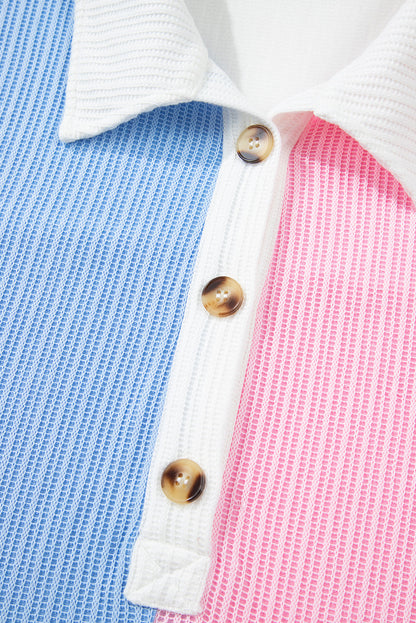 Multicolour Color Block Patchwork Waffle Knit Collar Button Neck Long Sleeve Top