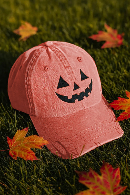 Orange Halloween Embroidered Jack-o-lantern Pumpkin Washed Hat