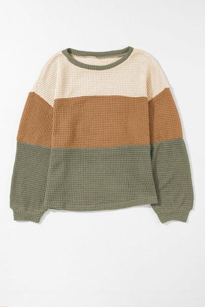 Green Striped Bubble Sleeve Baggy Top with Color Block Detail