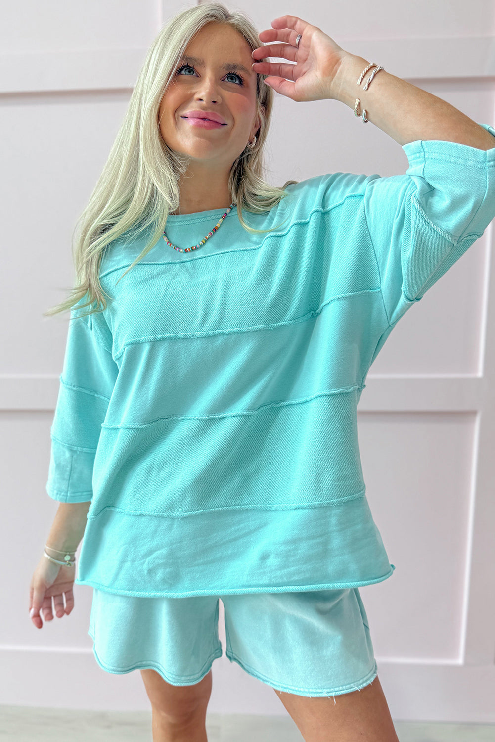 Mint Green Exposed Seam 3/4 Sleeve T Shirt and Lace-up Shorts Set
