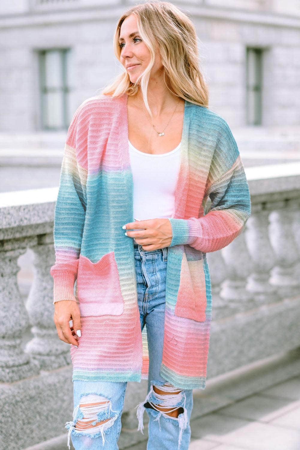 Green Tie-Dye Knit Duster Cardigan with Pockets