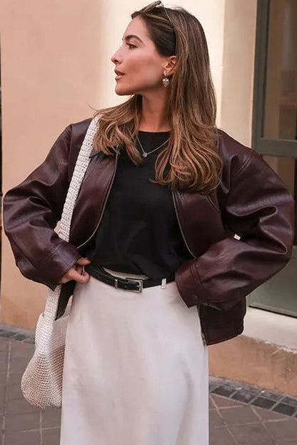 Wild Ginger Elastic Hem Zip Up Faux Leather Jacket