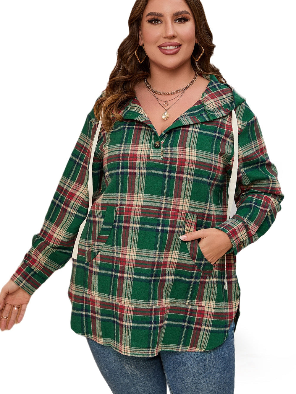 Green Plus Size Plaid Kangaroo Pocket Drawstring Hoodie
