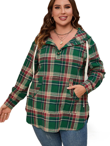 Green Plus Size Plaid Kangaroo Pocket Drawstring Hoodie