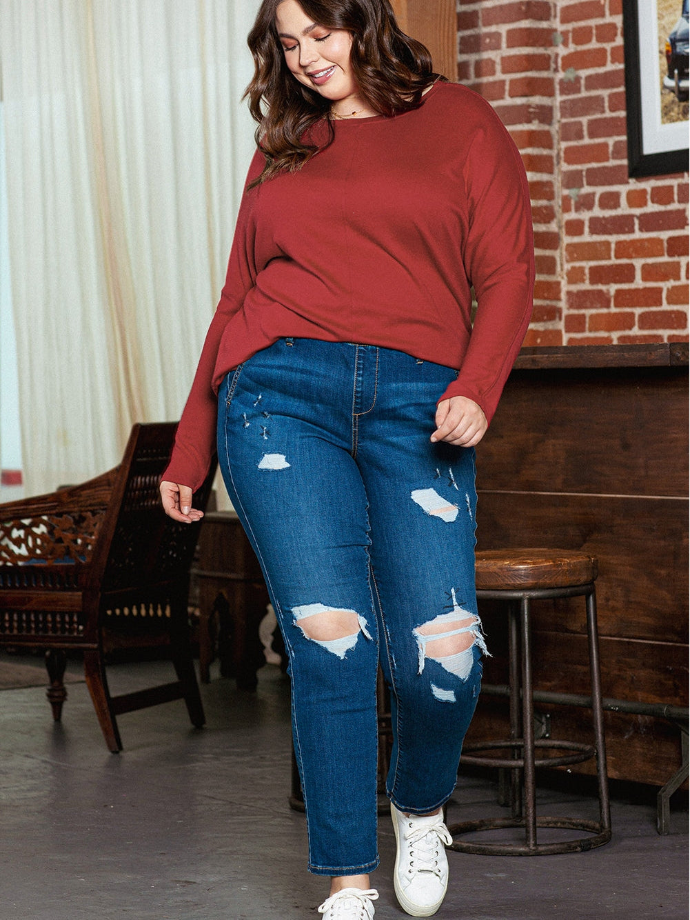 Red Dahlia Piping Detail Plus Size Long Sleeve Top