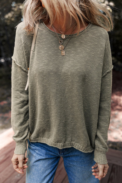 Four Leaf Clover Drop Shoulder Raw Hem Knitted Sweater