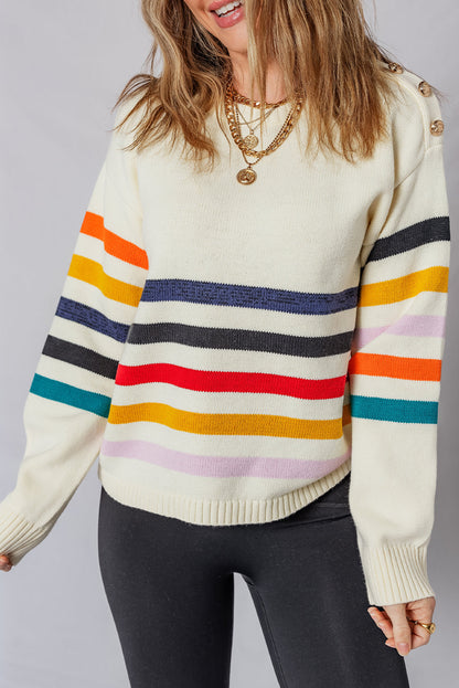 White Button Shoulder Detail Striped Print Drop Shoulder Sweater