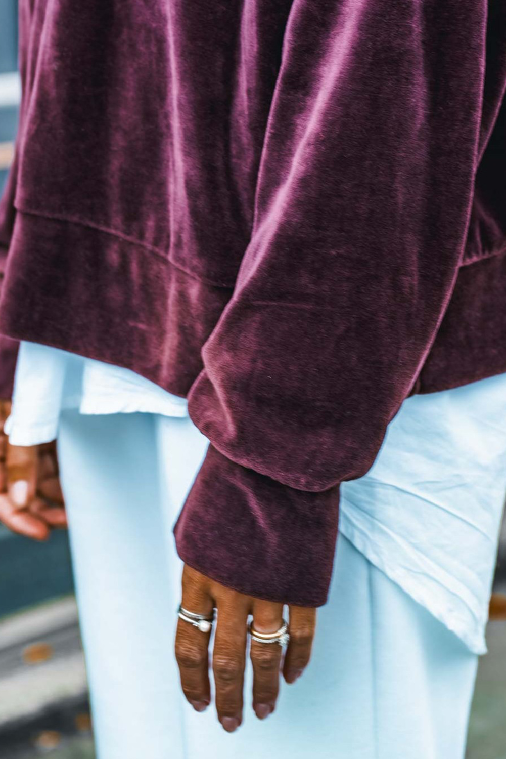 Grape Wine Long Sleeve Drop Shoulder Round Neck Loose Velvet Top