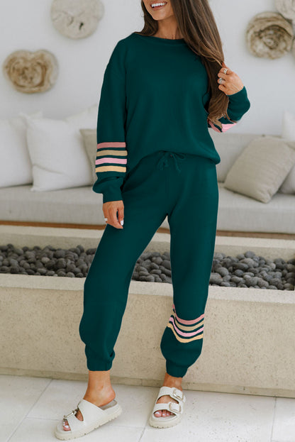 Sea Green Striped Drop Shoulder Round Neck Pullover and Jogger Pants Active Outfit