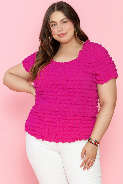 Strawberry Pink Bubble Textured Square Neck Plus Size Top with Short Sleeves