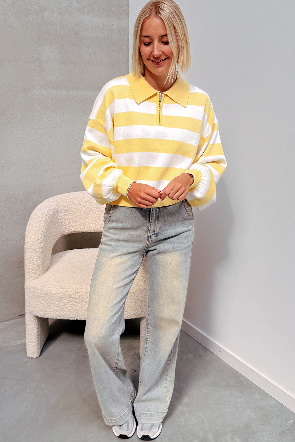 Yellow Stripe Collar Zipped Drop Shoulder Casual Sweater
