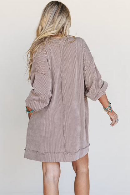 Smoke Gray Twisted Ribbed Exposed Seam Drop Shoulder Patch Pocket Loose Mini Dress