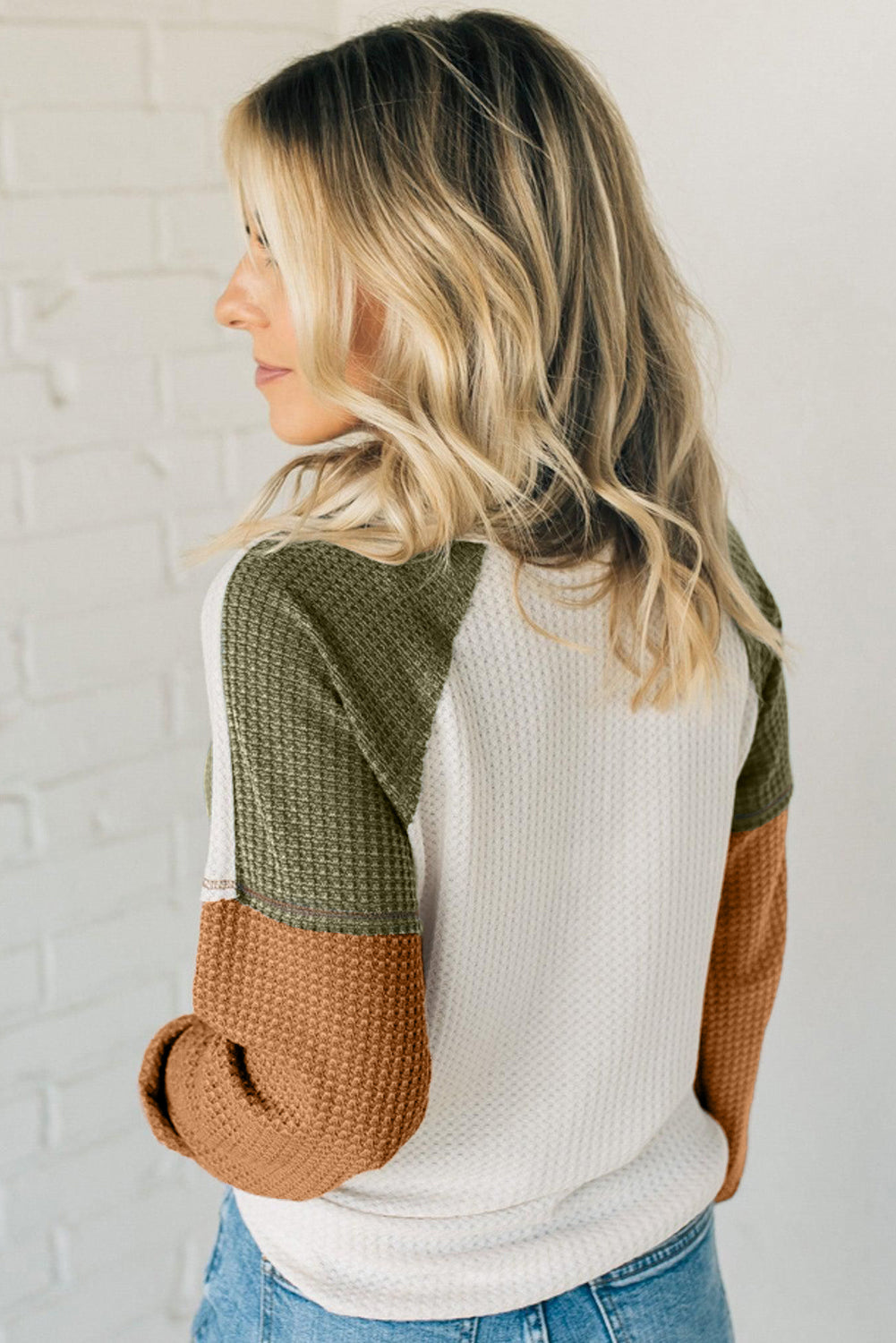 Green Block Patchwork Long Sleeve Waffle Knit Top