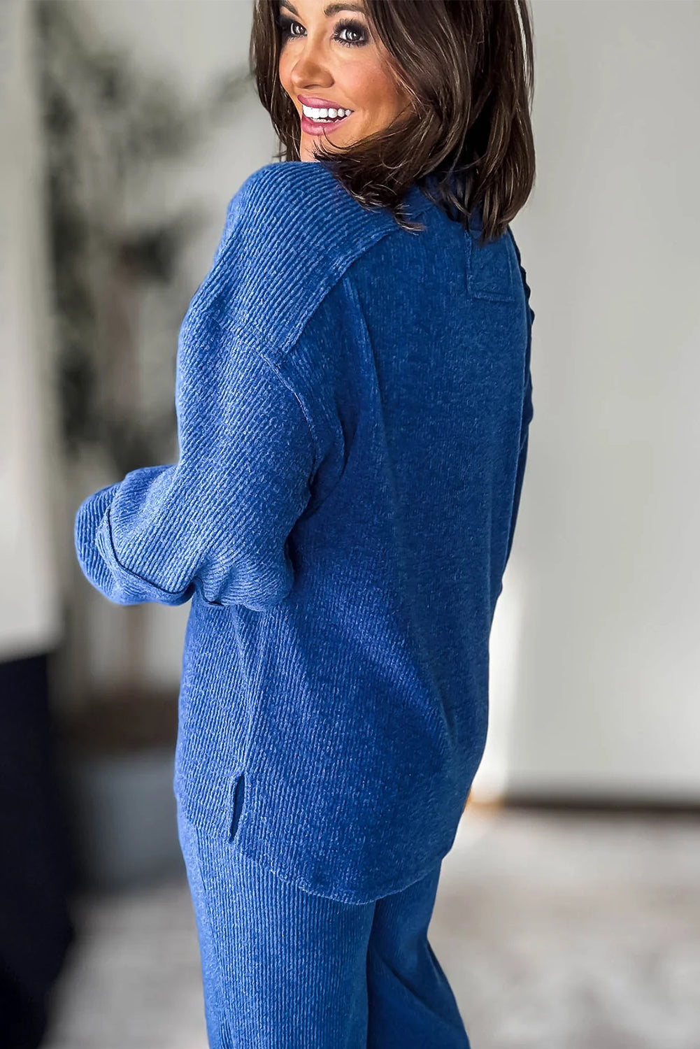 Sky Blue Brushed Ribbed Knit Exposed Seam Drop Shoulder Henley Top