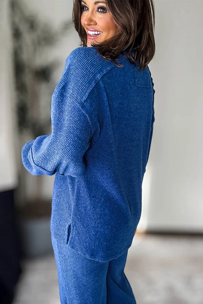 Sky Blue Brushed Ribbed Knit Exposed Seam Drop Shoulder Henley Top