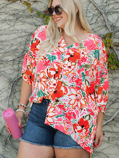 Floral Print Rose Kimono Sleeve Plus Size Blouse