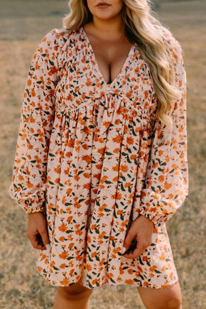 Beige Plus Size Floral Print V Neck Long Sleeve Babydoll Short Dress