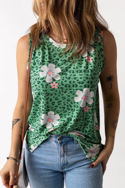 Green Striped Floral Colorblock Tank Top