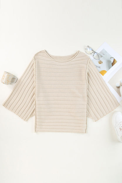 Apricot Ribbed Knit Dolman Sweater with Exposed Seams