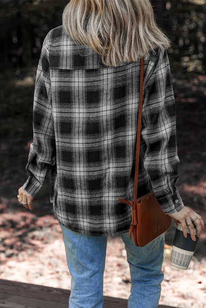 White Retro Plaid Double Flap Pocket Brushed Shacket