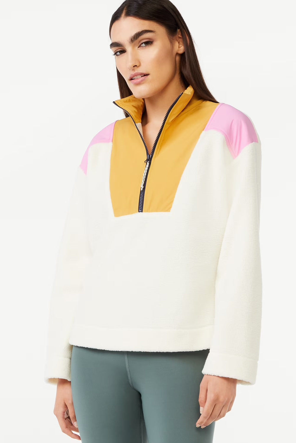 White Fleece Color Block Patchwork Half Zip Sweatshirt