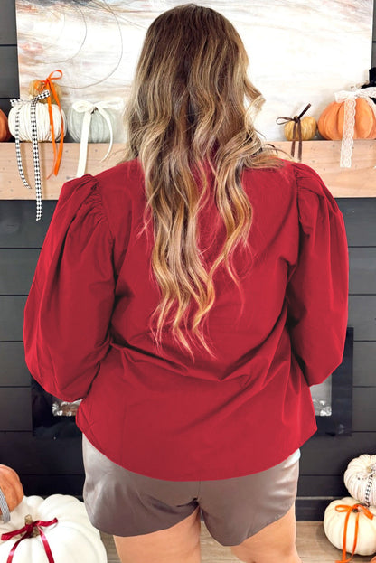 Racing Red Plus Size Leopard Trim V Neck Long Puff Sleeve Blouse