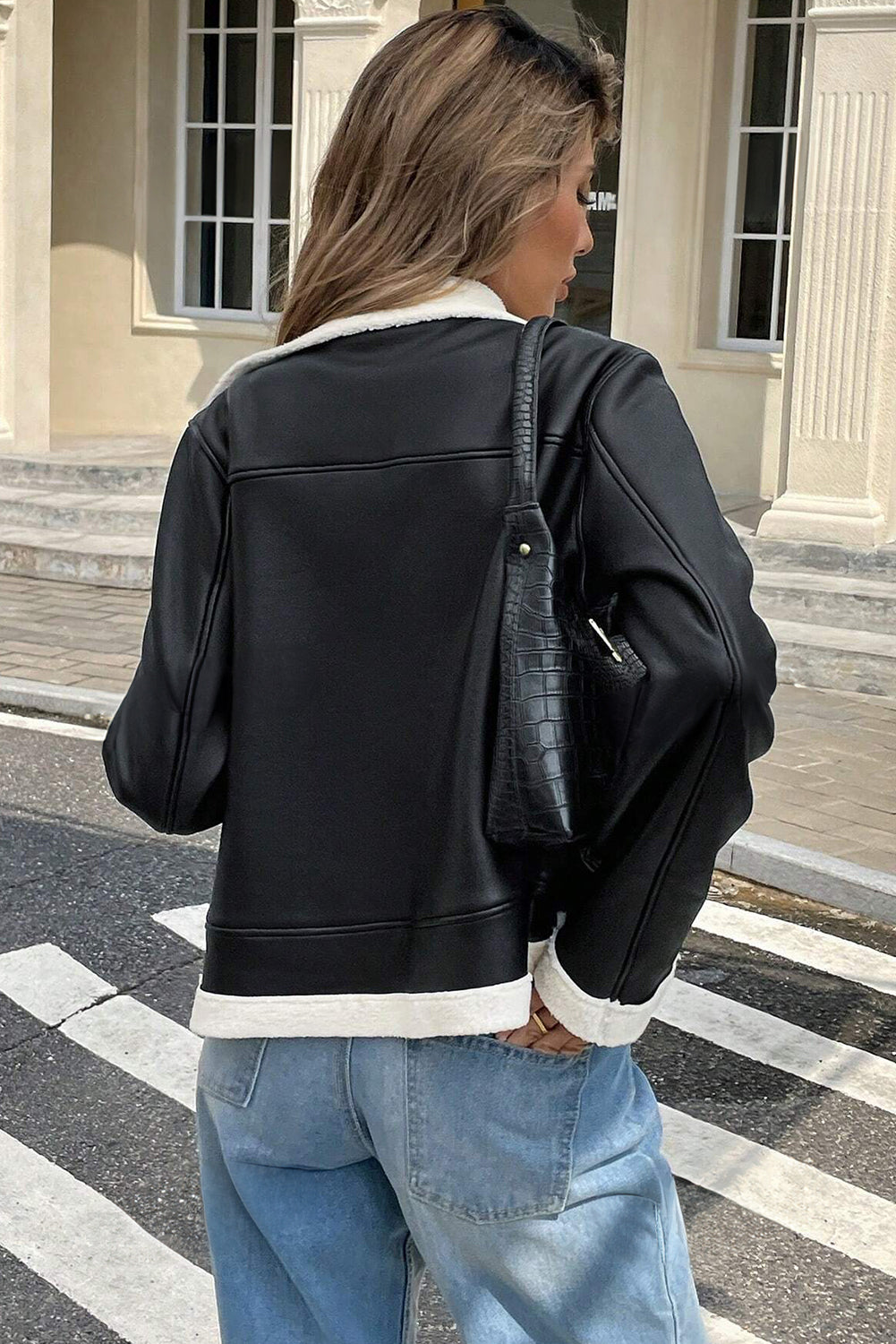 Black Faux Fur Contrast Trim Leather Jacket