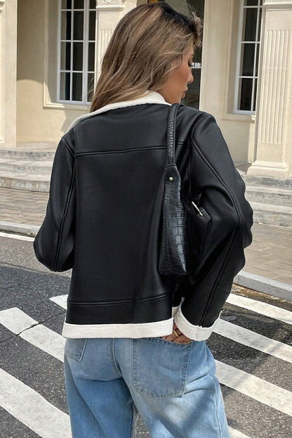 Black Faux Fur Contrast Trim Leather Jacket