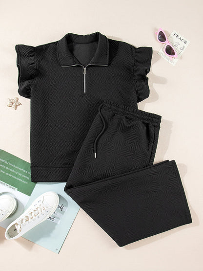 Chic Black Ruffle Sleeve Quarter Zip Top with Wide Leg Pants Set