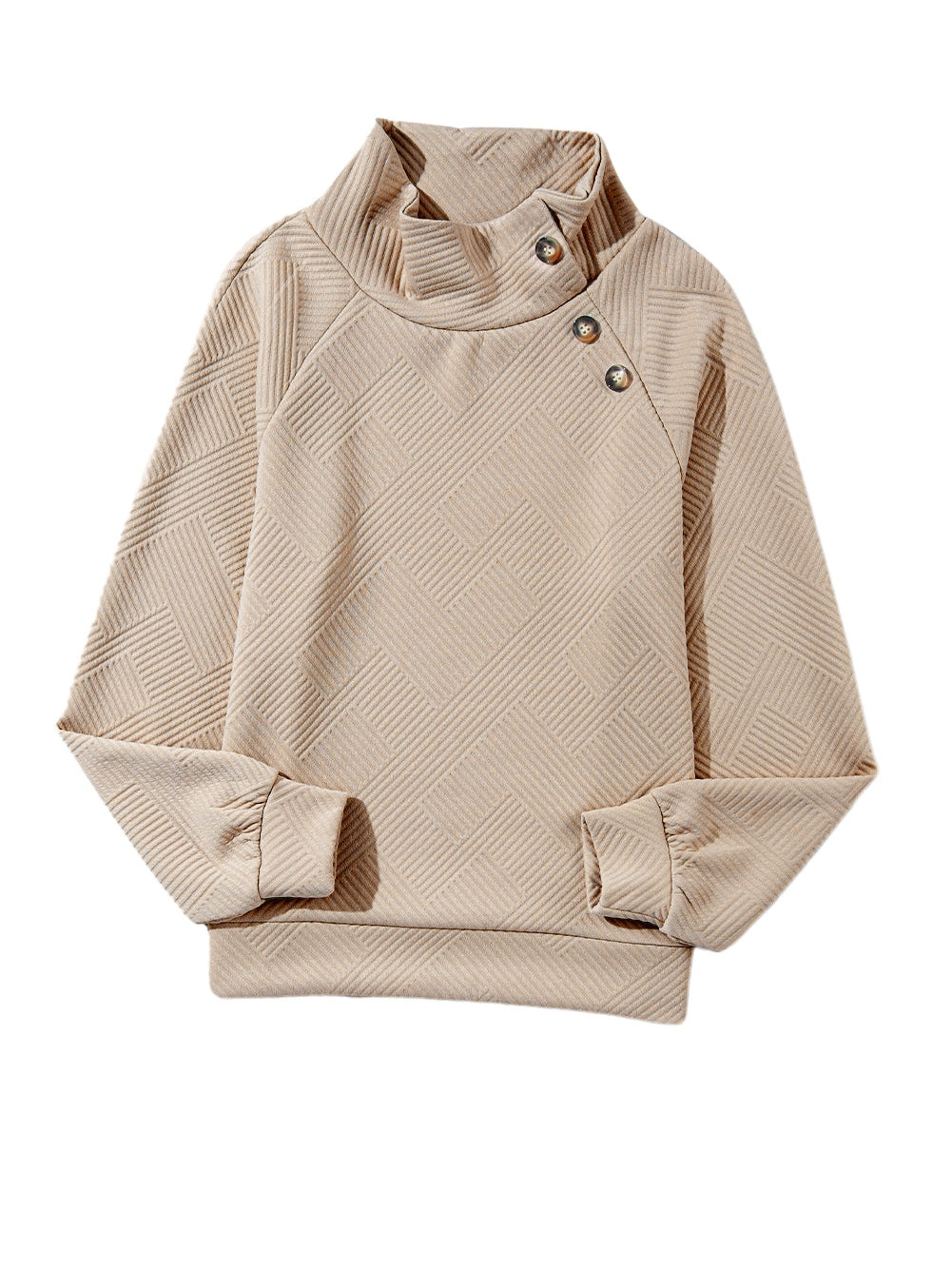 Apricot Textured High Neck Sweatshirt with Unique Asymmetrical Buttons