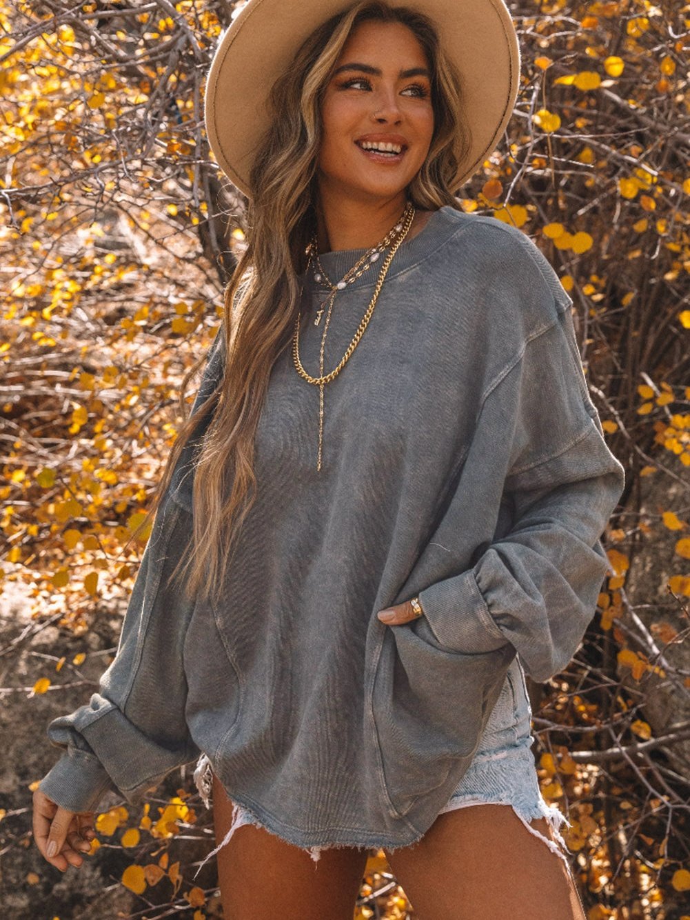 Exposed Seam Twist Gray Oversized Pullover with Open Back