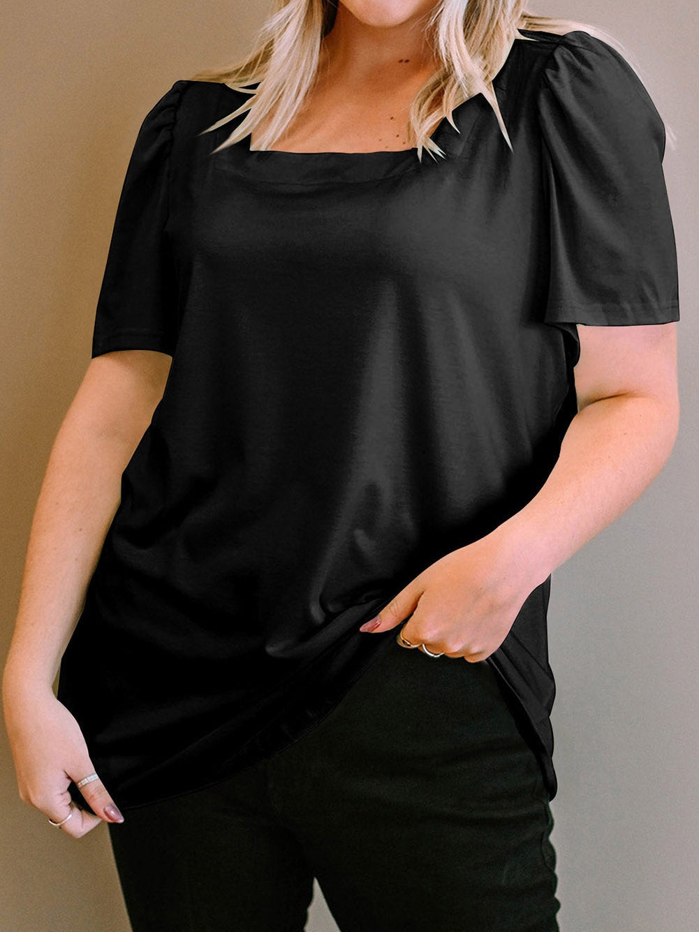 Black Plus Size Square Neck Ruched Shoulder Short Sleeve Top