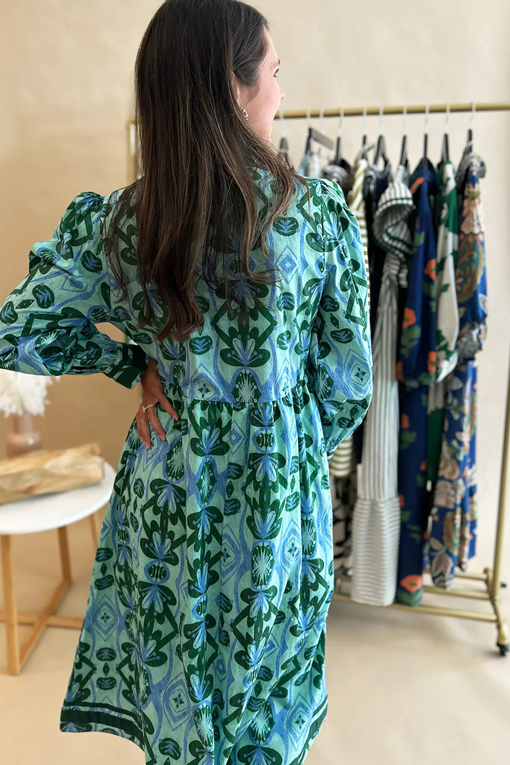 Green Geometric Floral Printed Ruffle Neck Long Sleeve Dress