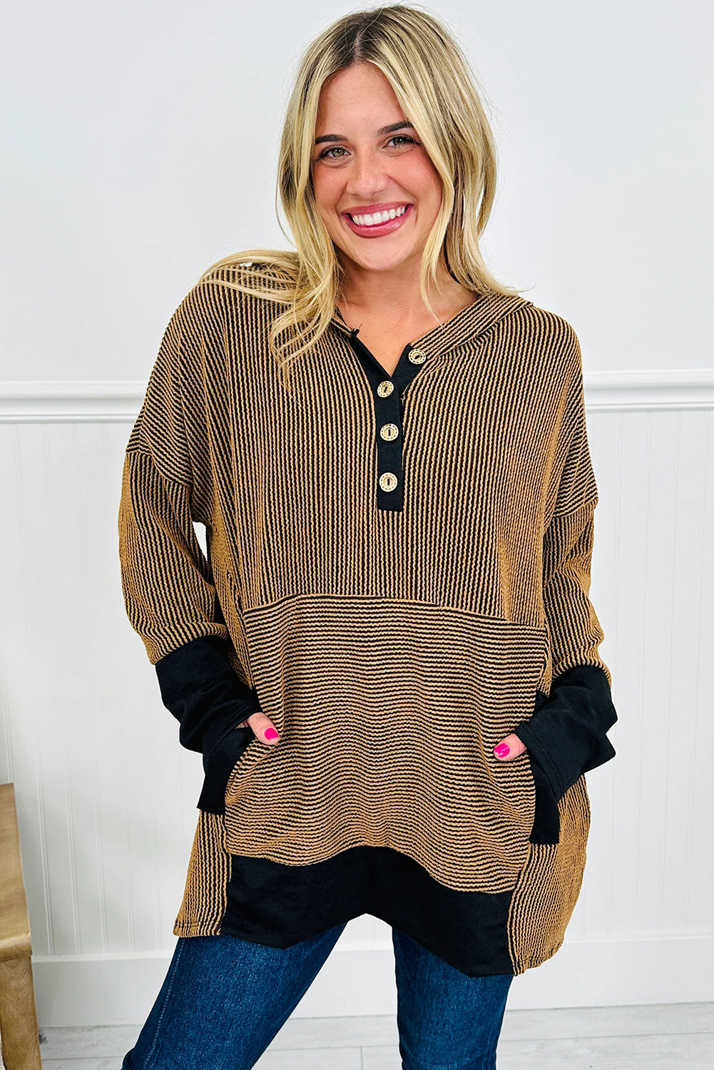 Brown Twisted Ribbed Color Block Patchwork Hooded Oversize Long Sleeve Top