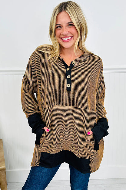 Brown Twisted Ribbed Color Block Patchwork Hooded Oversize Long Sleeve Top